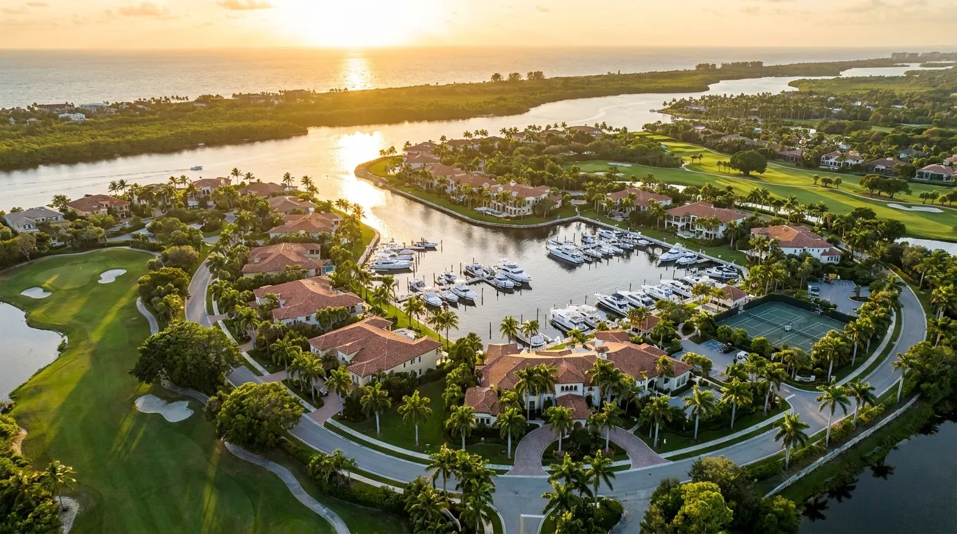 Aerial of the Bonita Bay community at sunset