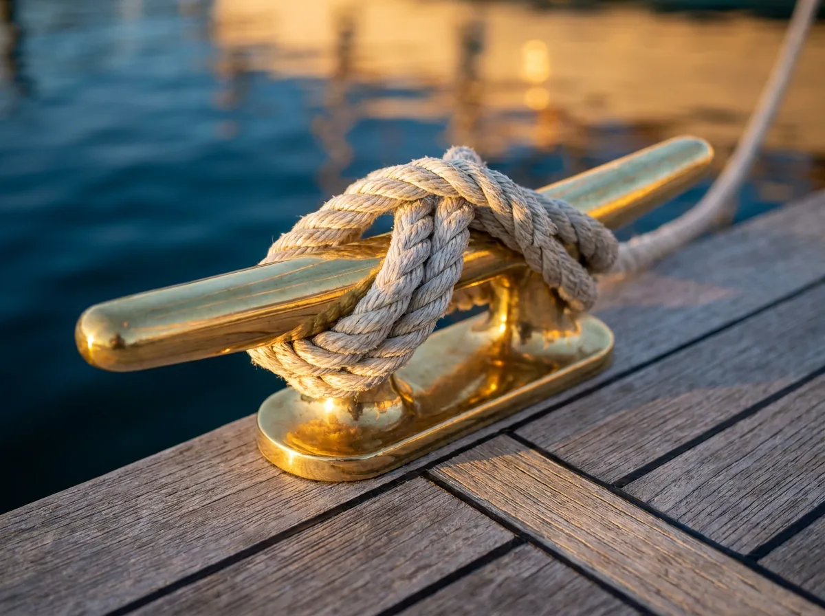 Polished brass cleat and white dock line on a teak dock at golden hour