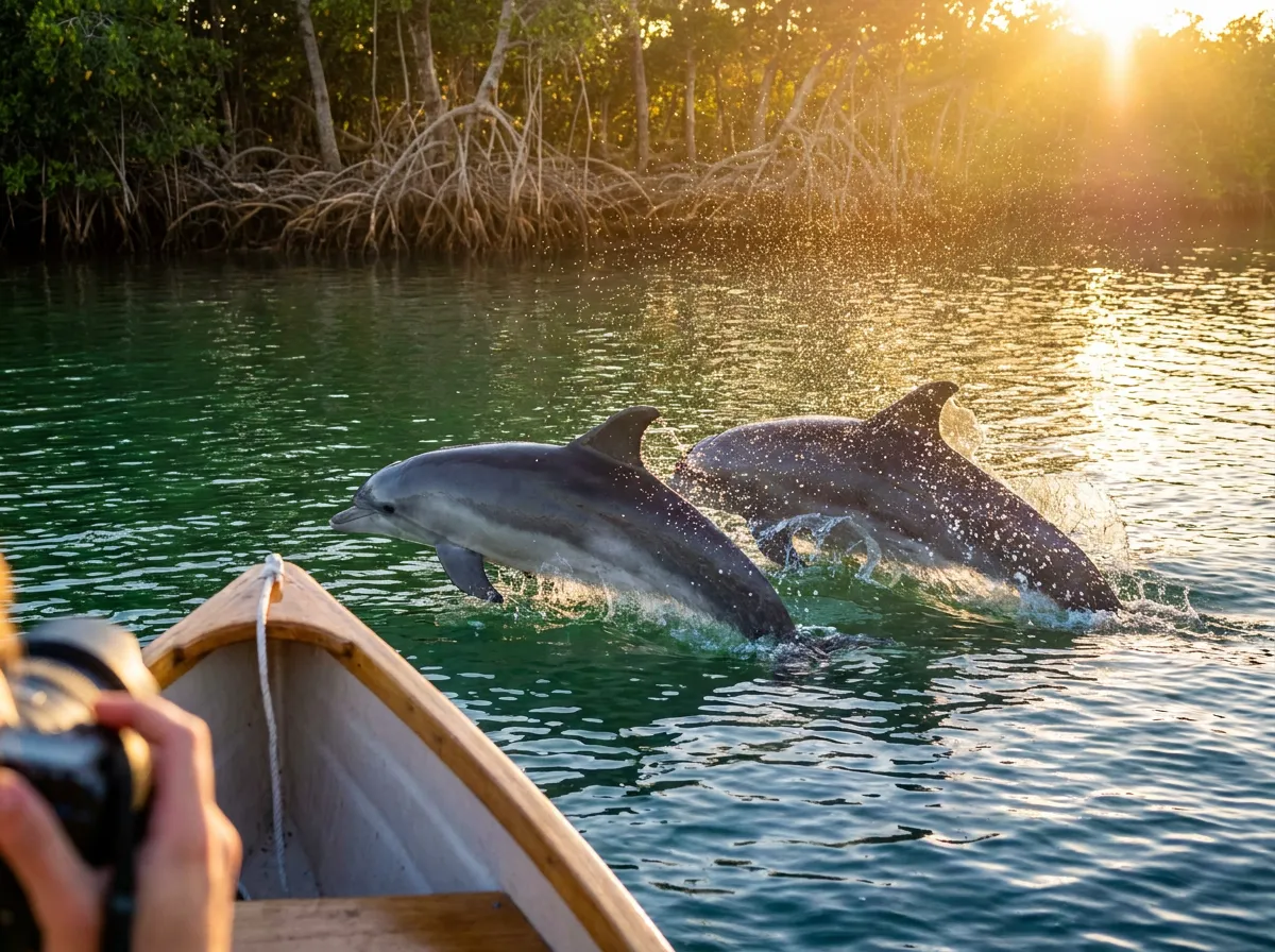 Bottlenose dolphins surfacing beside a boat bow in the Estero Bay estuary