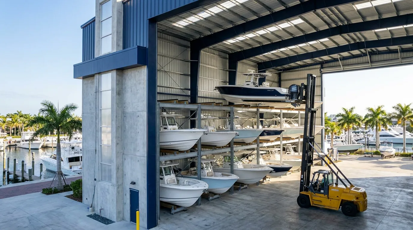 Dry-stack boat storage building at Bonita Bay Marina with boats neatly racked