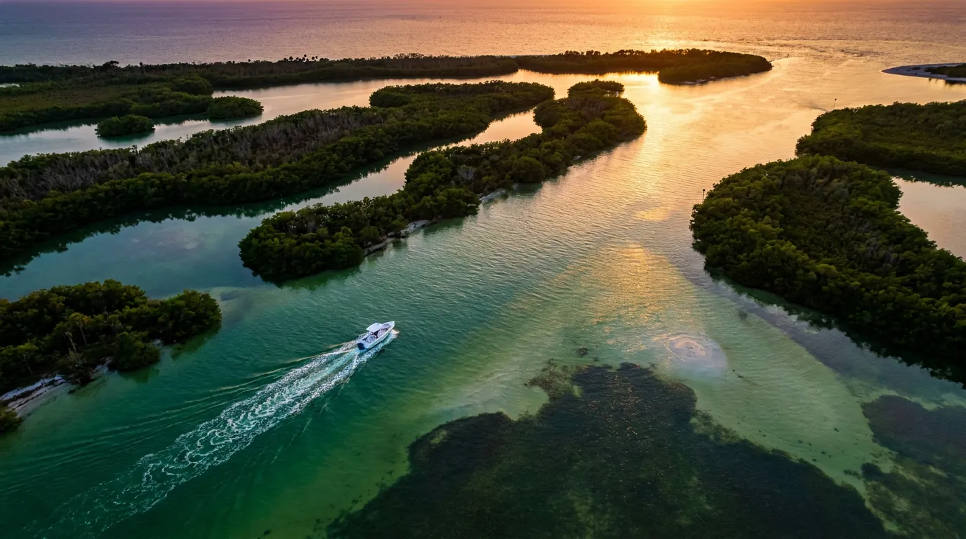 Aerial view of mangrove channels and emerald water in Estero Bay at golden hour