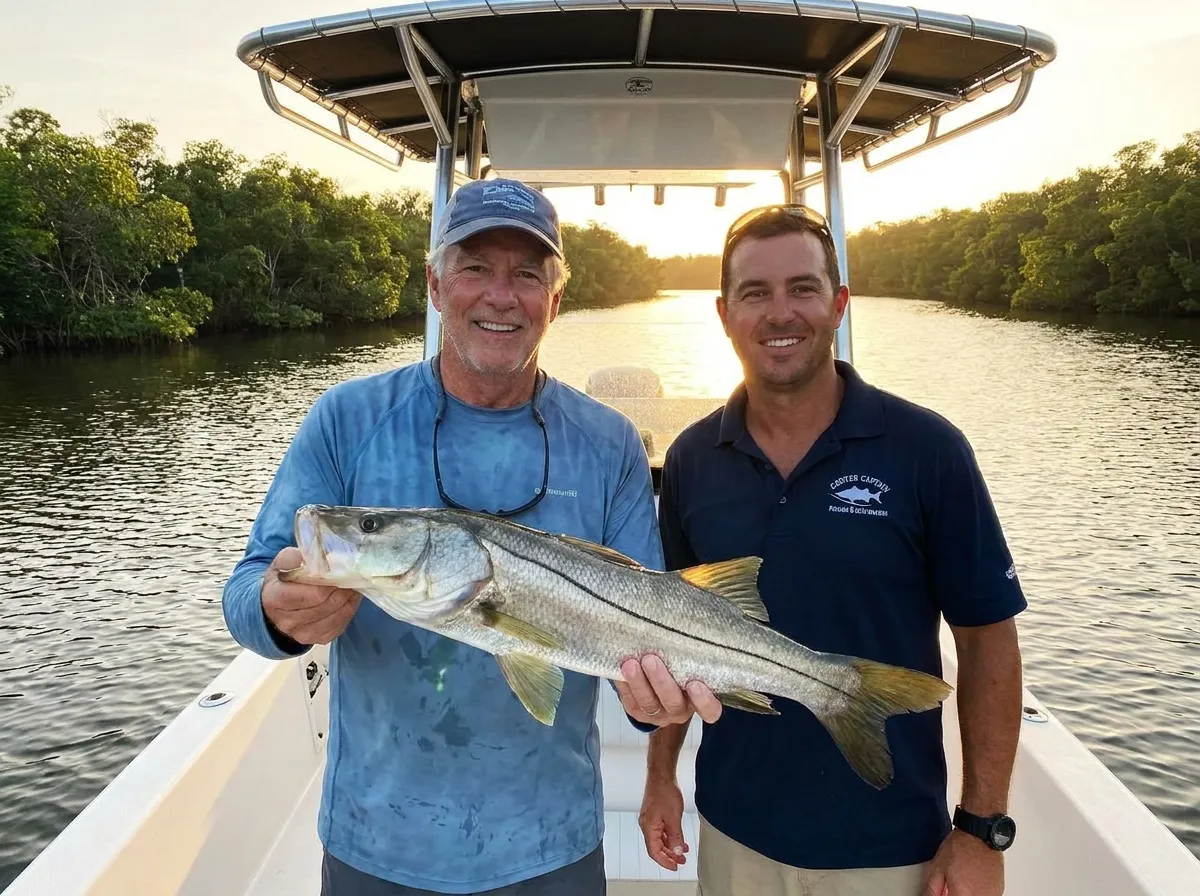 Angler holding a snook beside a charter captain at golden hour
