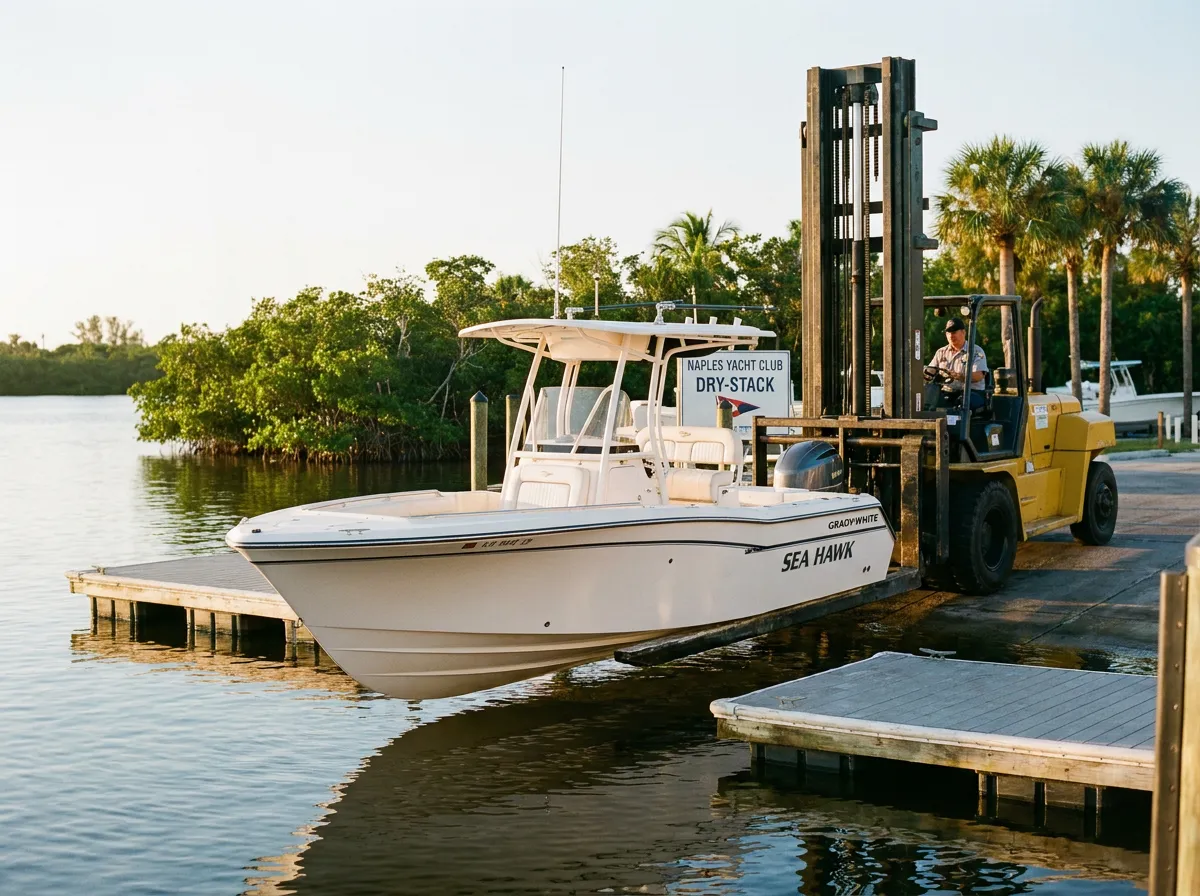 Marina forklift lowering a boat into the water at the floating dock