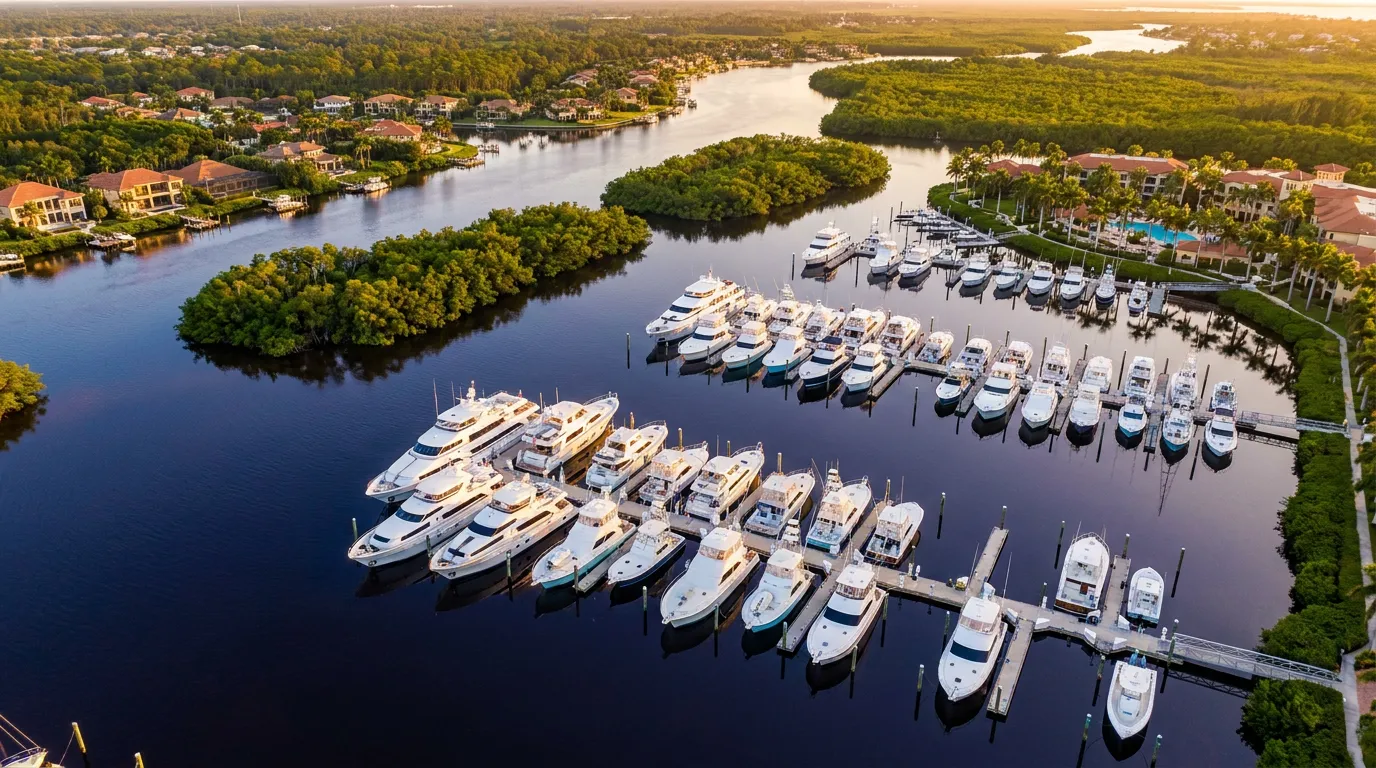 Golden-hour aerial view of Bonita Bay Marina with yachts in wet slips on the Imperial River