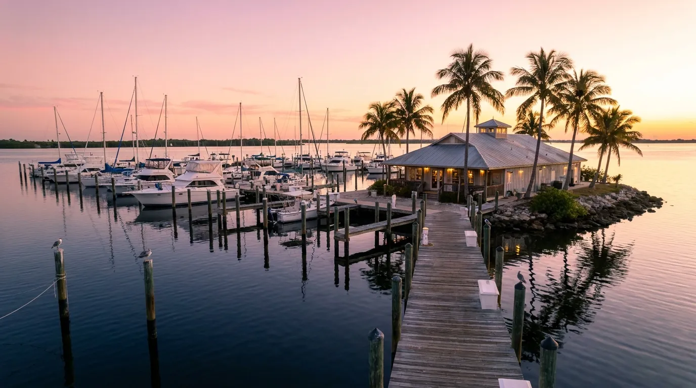 Bonita Bay Marina docks at dawn with calm water and first light