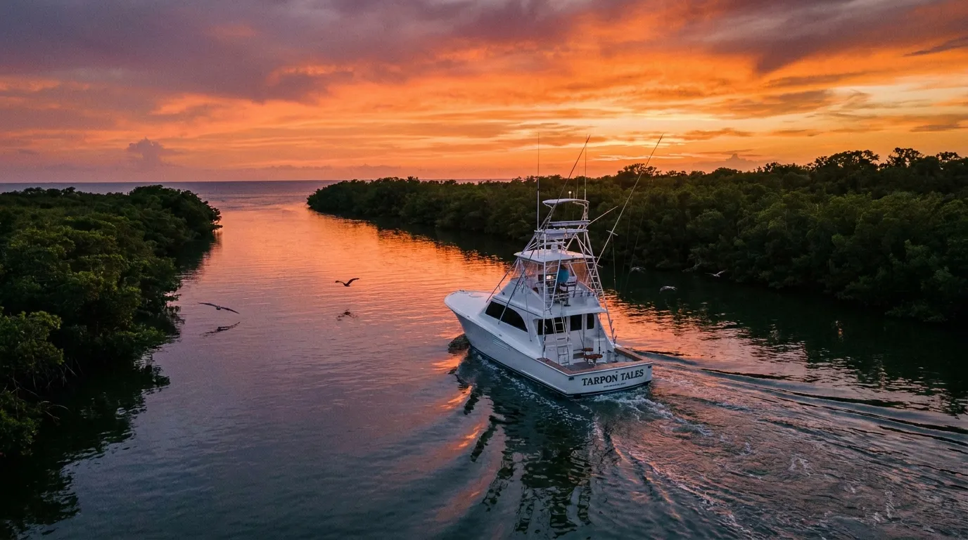 Sportfishing boat cruising the mangrove-lined Imperial River at sunset