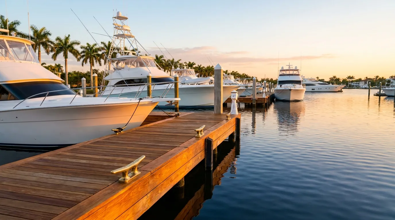 White boats moored in wet slips at Bonita Bay Marina at golden hour