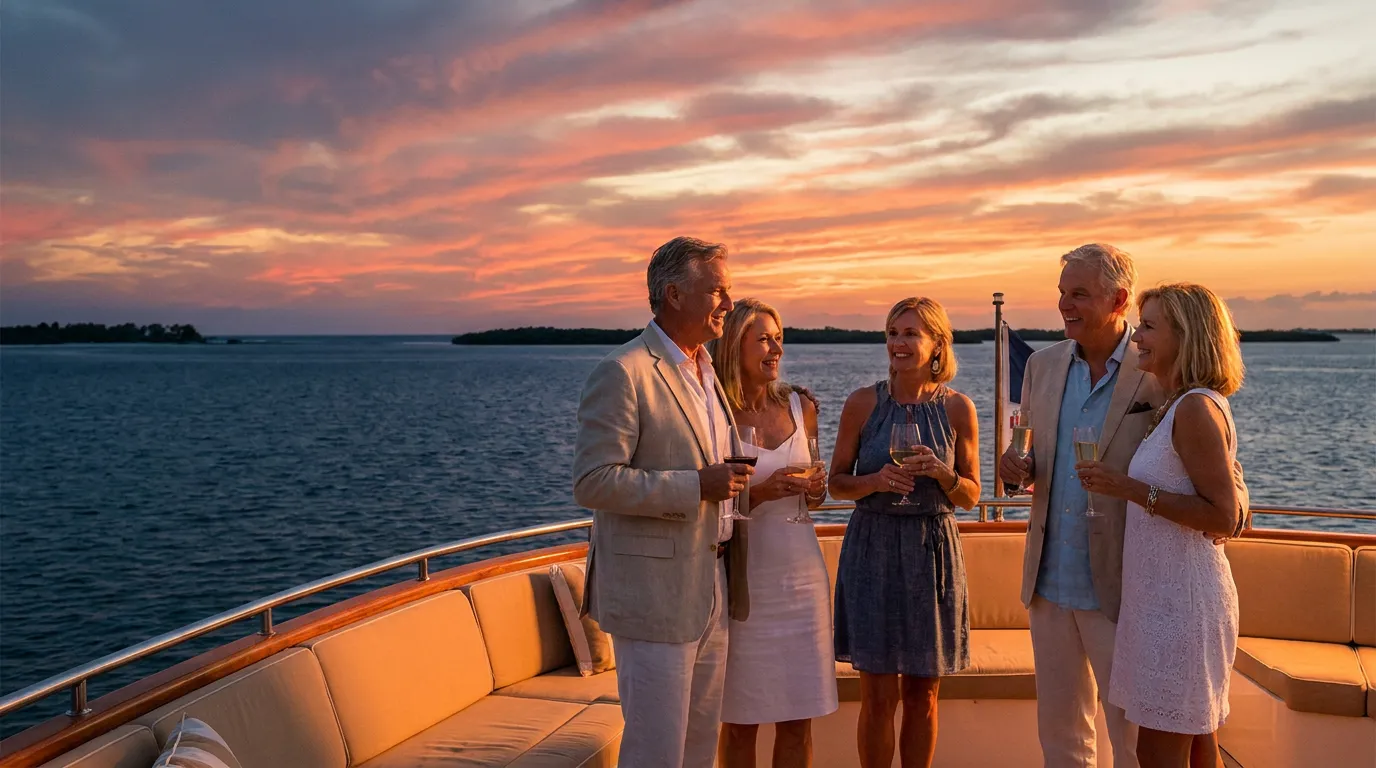 Guests enjoying a sunset cruise on Estero Bay with a glowing orange sky
