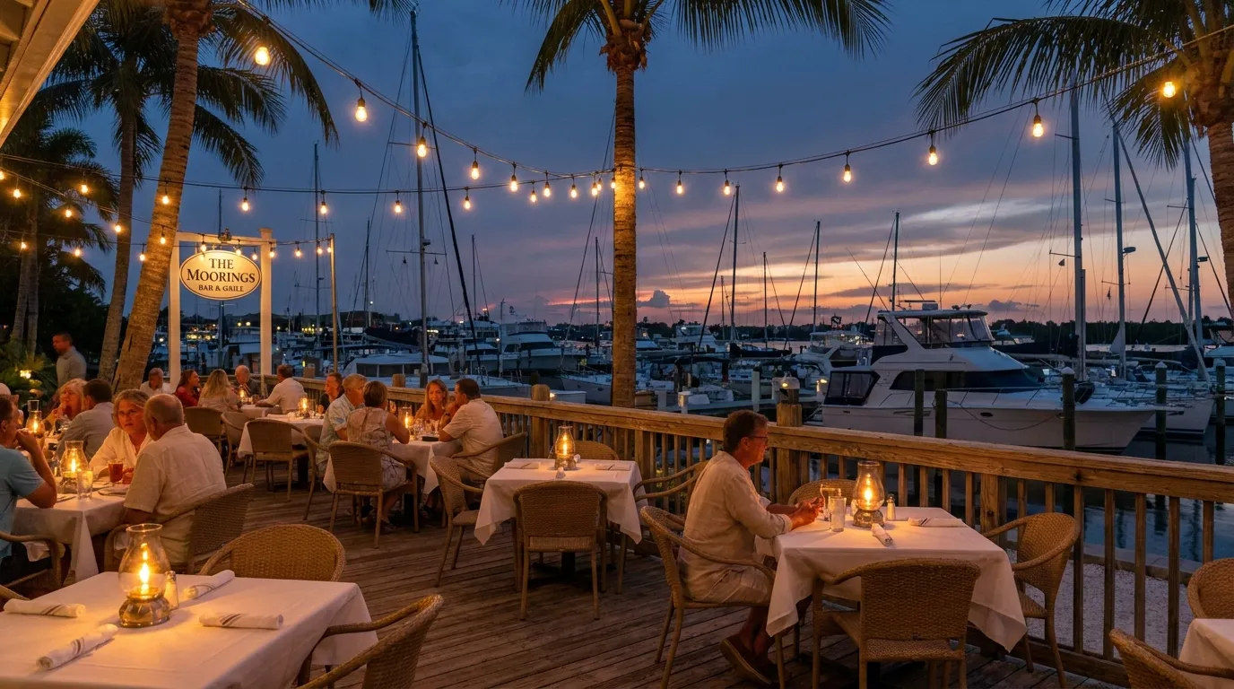 Backwater Jacks waterfront restaurant deck at dusk overlooking the marina